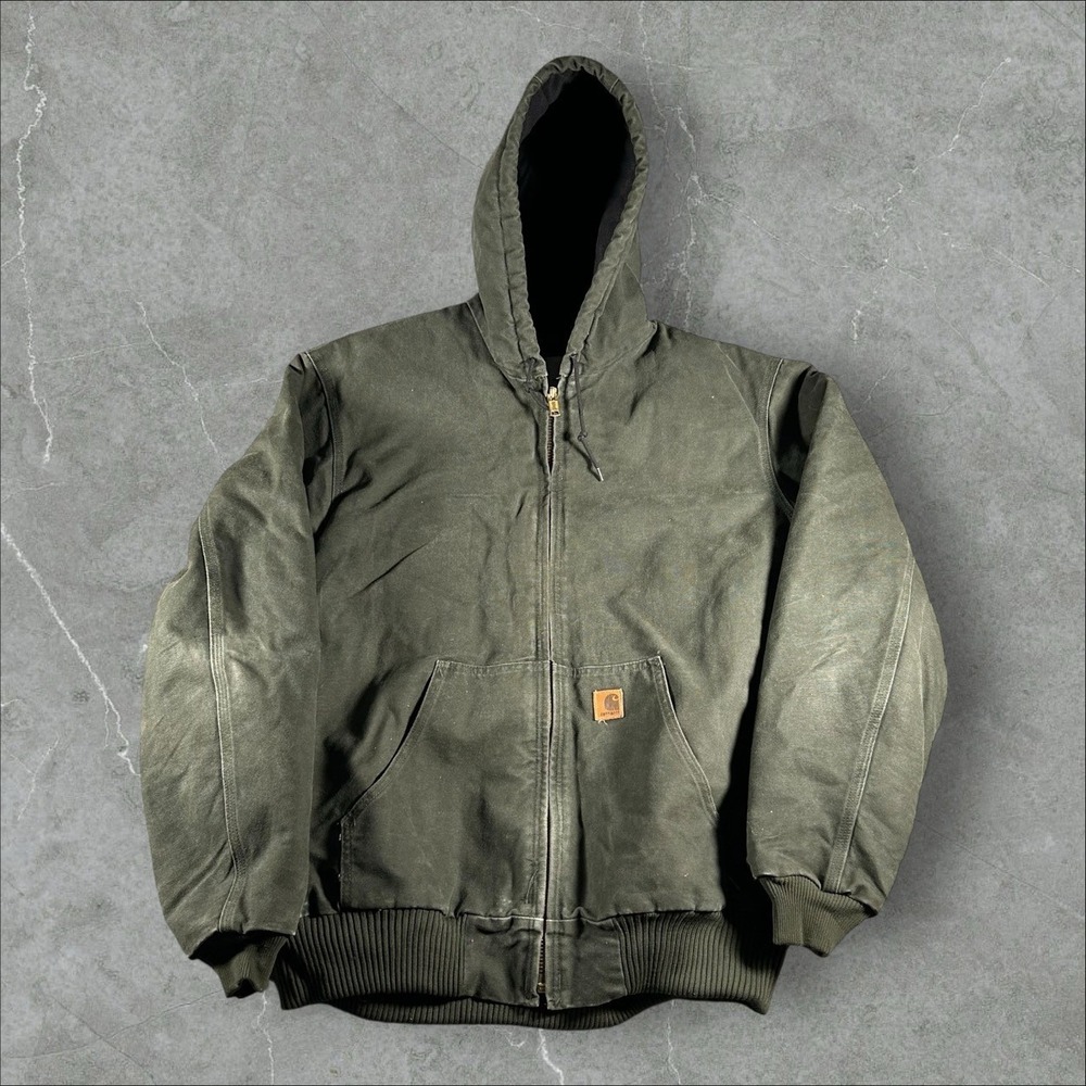 Vintage Carhartt Hooded Jacket Mens XL Tall Faded Green Canvas Workwear J130 MOS